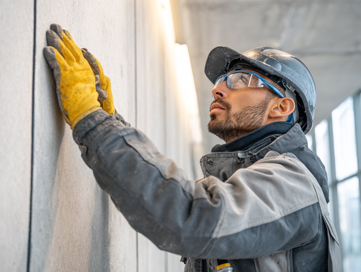 An installer wearing safety goggles and gloves carefully installs an acoustic panel